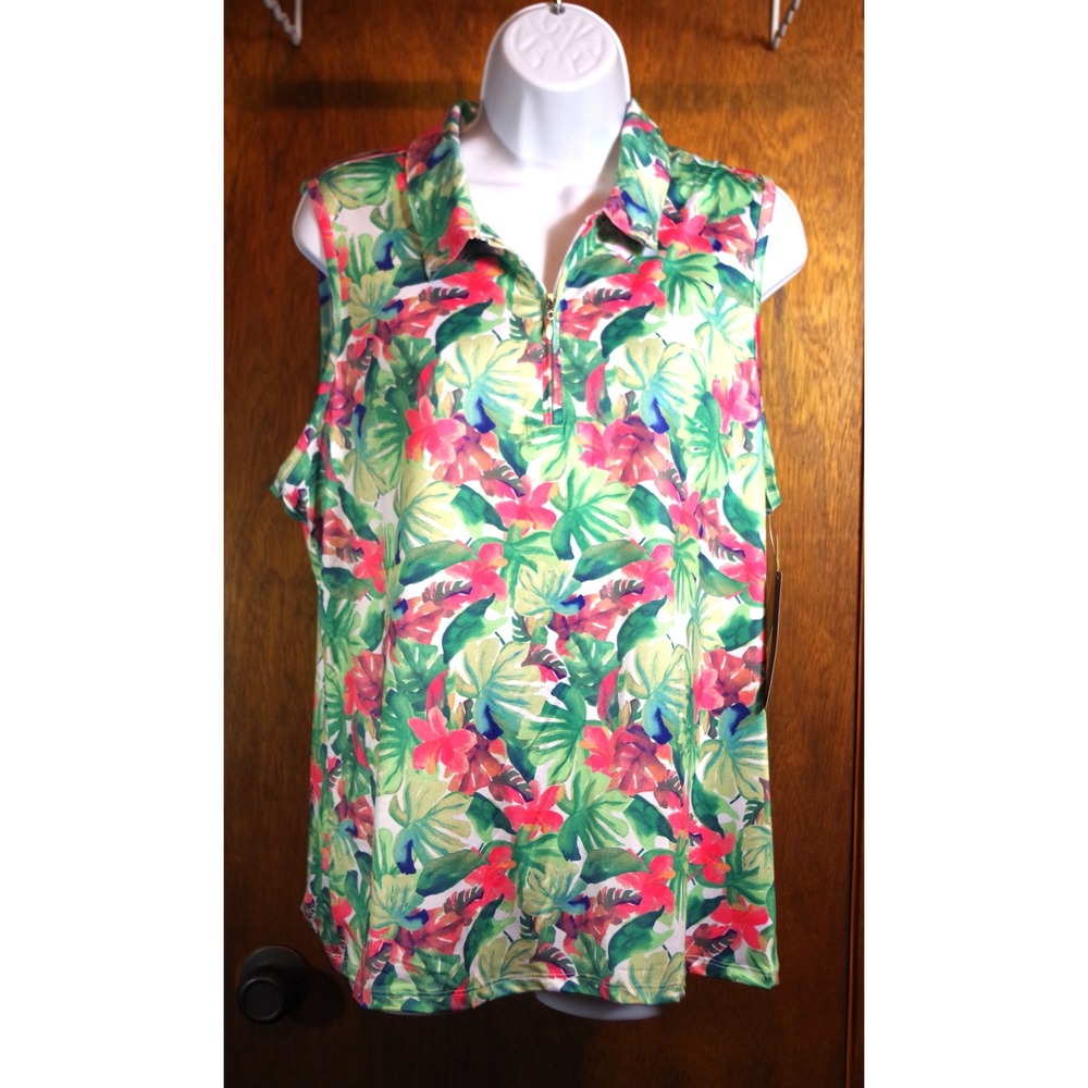 Emerald 18 Womens Tropical Floral Golf Polo Sleeveless Quarter Zip Top - L
